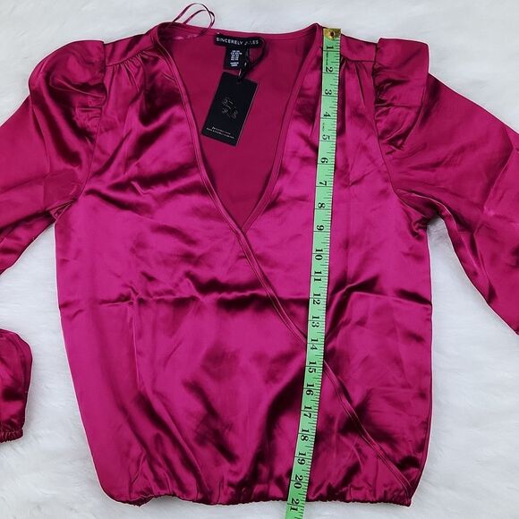 Sincerely Jules‎ -523 Faux Wrap Long Sleeve Fuchsia Hibiscus Top Blouse NWT XS - Picture 7 of 9